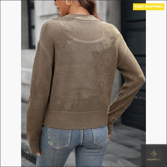 Crochet Cardigan Zipper Sweater Jacket Long Sleeve Ribbed Bomber - Picture 4 of 7